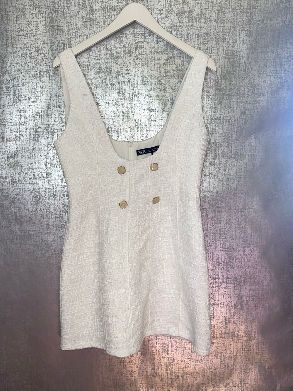 Zara Textured Jewel Button Pinafore Dress White__Size: Small